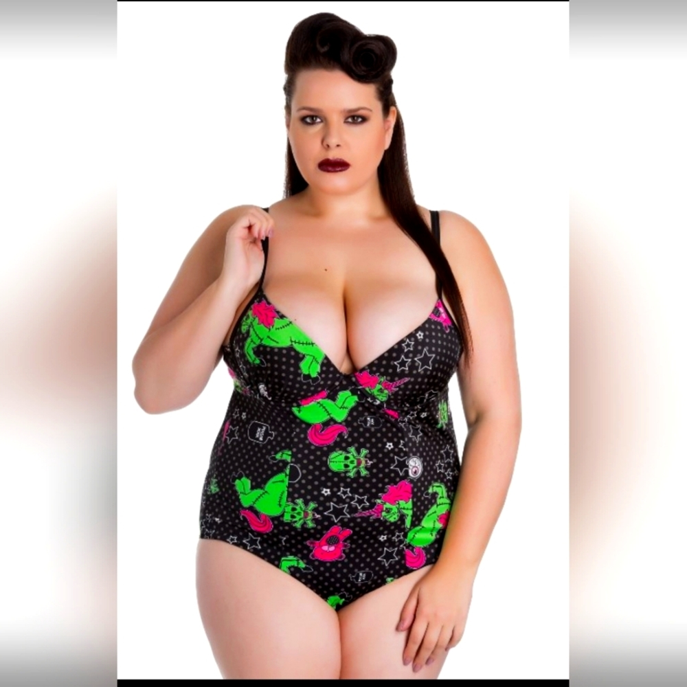 Hell Bunny Plus Size I Heart Zombie Unicorn One Piece Swimsuit Vintage Goth Punk
